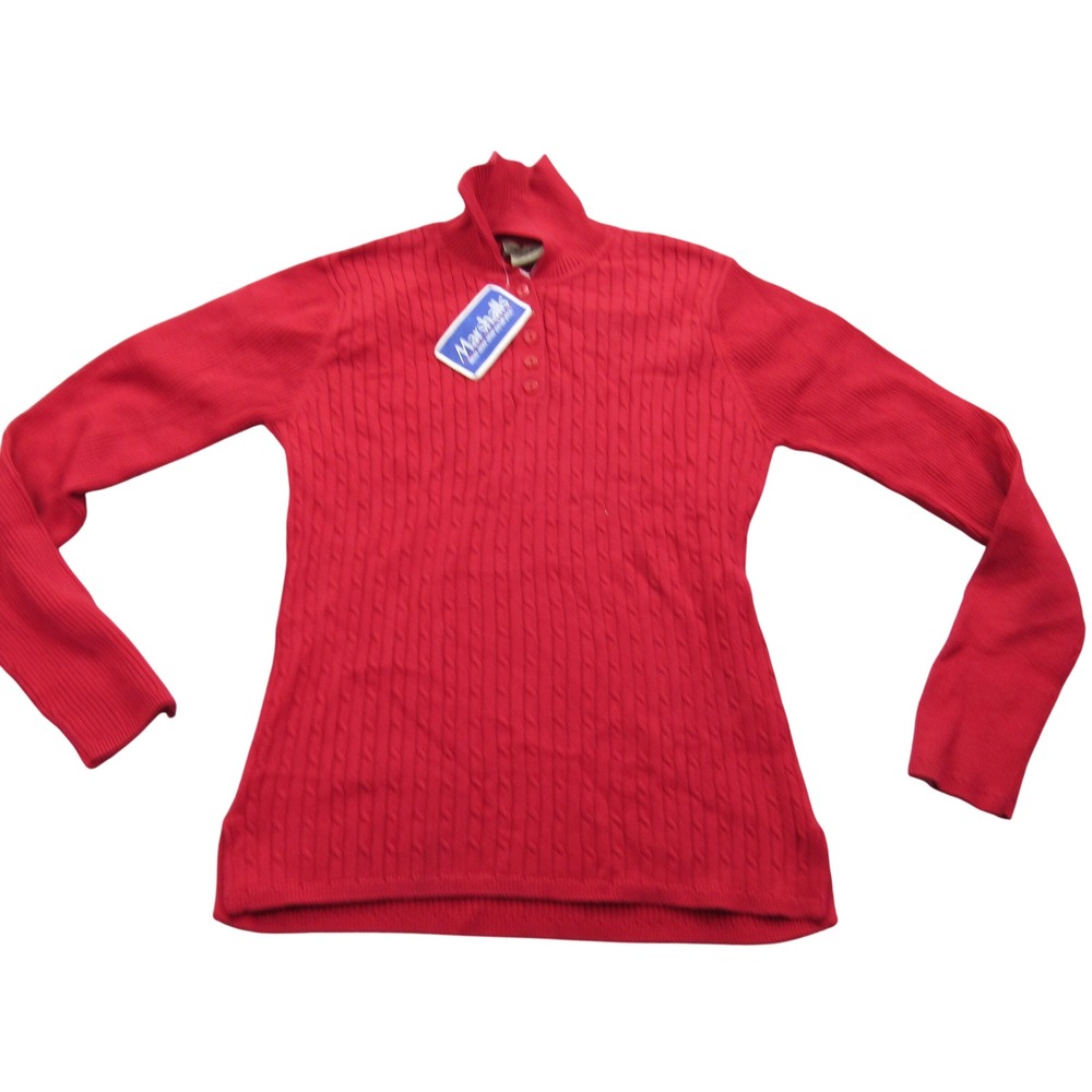 Escapade Red Cotton Cable‎ Knit Mock Neck Button Up Sweater Women's Size M